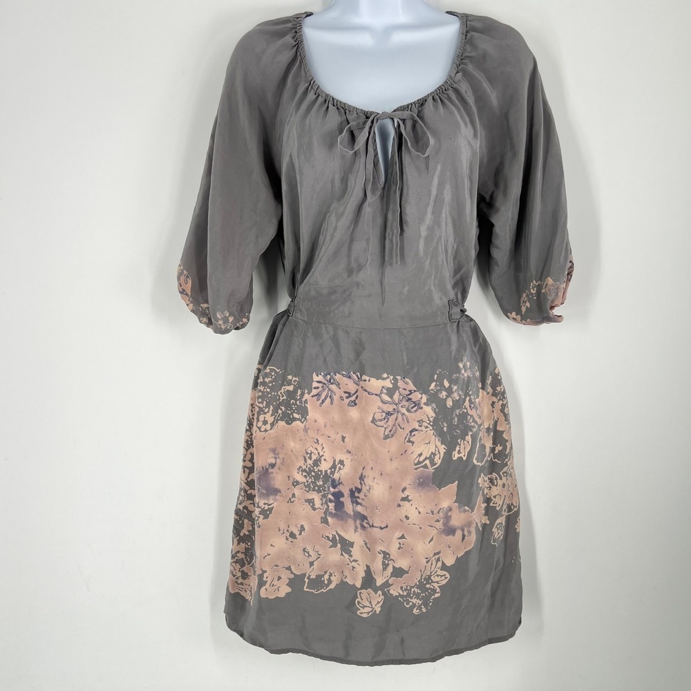 Petticoat Alley 100% Silk Dress M Gray Romantic Floral Whimsigoth Cottage